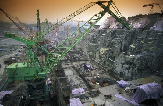 the constructions work at the three gorges dam project on the yangzi river in the province of hubei in china.
