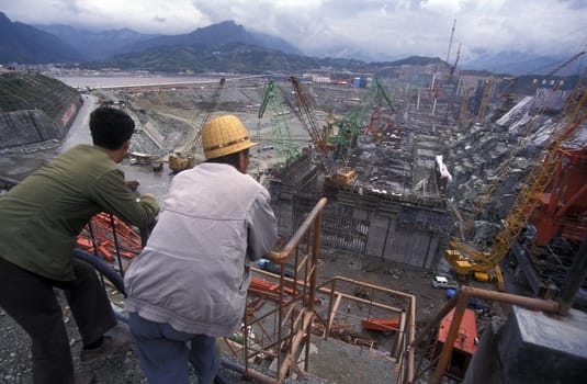 the constructions work at the three gorges dam project on the yangzi river in the province of hubei in china.