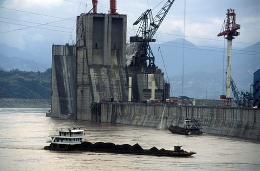 the constructions work at the three gorges dam project on the yangzi river in the province of hubei in china.
