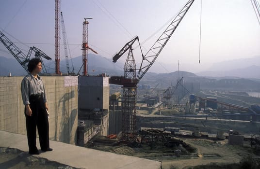 the constructions work at the three gorges dam project on the yangzi river in the province of hubei in china.