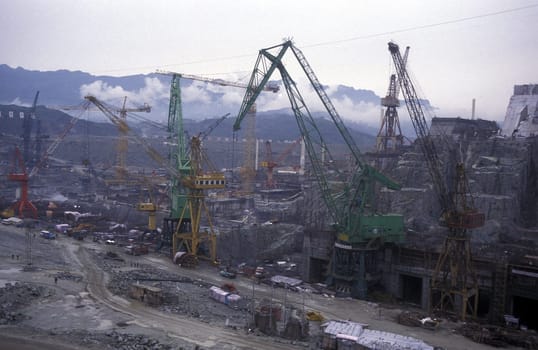 the constructions work at the three gorges dam project on the yangzi river in the province of hubei in china.