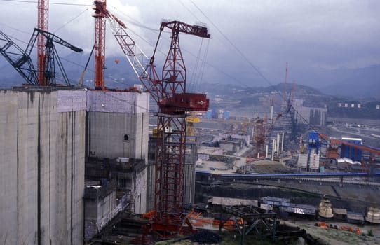 the constructions work at the three gorges dam project on the yangzi river in the province of hubei in china.