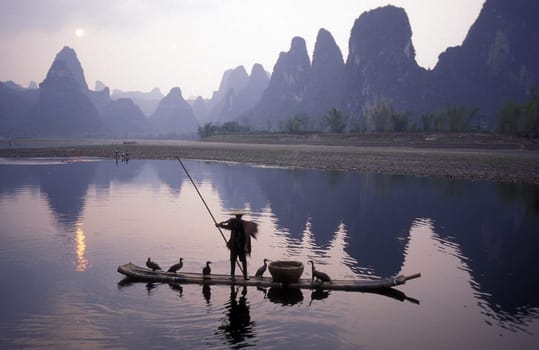 the landscape at the Li River near Yangshou near the city of Guilin in the Province of Guangxi in china in east asia.