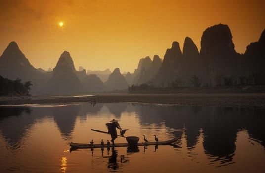 the landscape at the Li River near Yangshou near the city of Guilin in the Province of Guangxi in china in east asia.