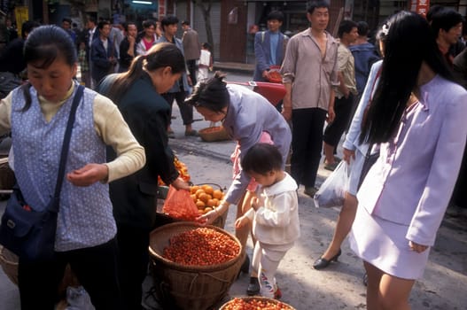 the market in the city of wushan on the yangzee river near the three gorges valley up of the three gorges dam project in the province of hubei in china.