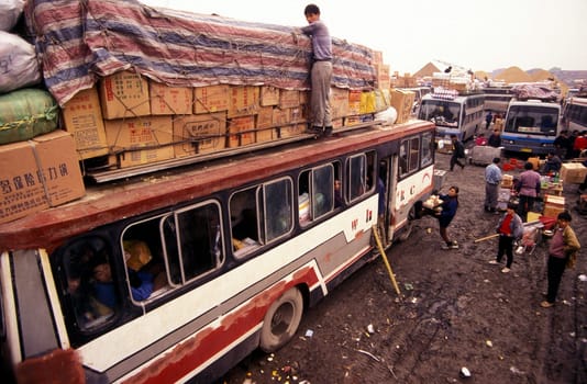 the transport of goods at the market the city centre of Wuhan in the province of Hubei in china in east asia.