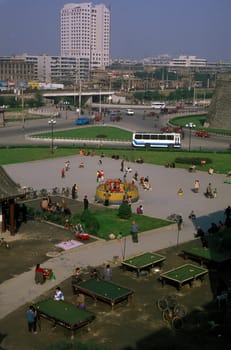 a Park near the city wall in the city of xian in china in east asia.