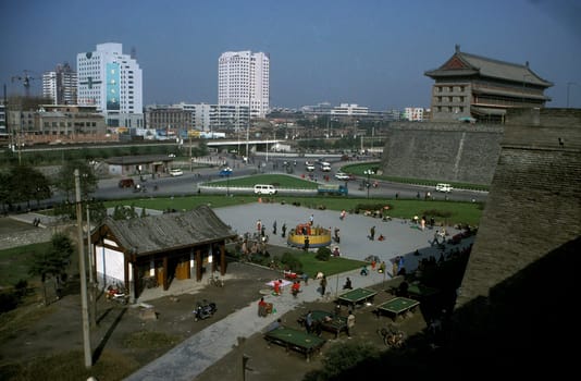 the city wall in the city of xian in china in east asia.