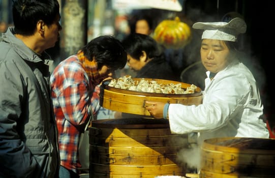 a chinese food stall in the City of Shanghai in china in east asia.