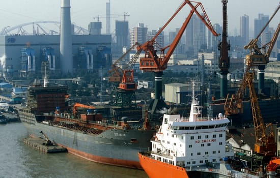 the harbour on the river in the City of Shanghai in china in east asia.