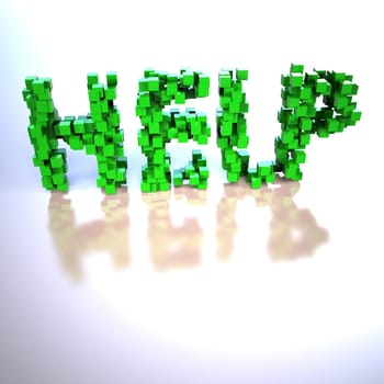 Three-dimensional inscription HELP made of cubes
