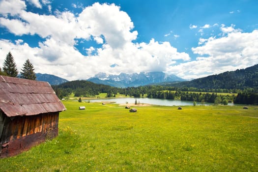 Wooden hut on Lake Gerold see with Karwendel