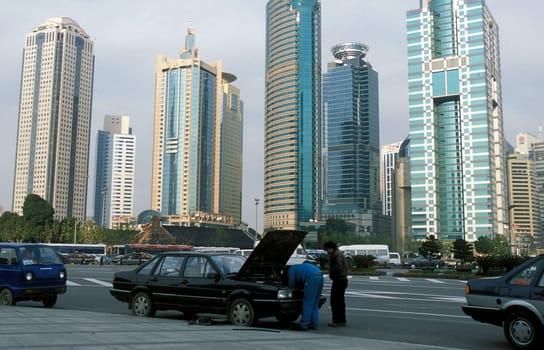 the skyline of Pudong in the City of Shanghai in china in east asia.