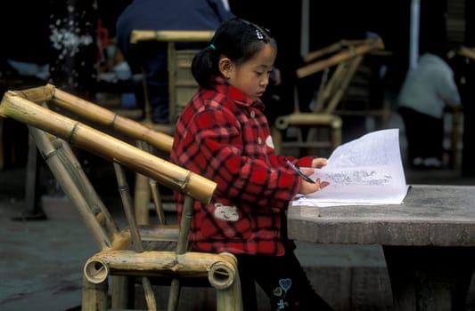 a child is lerning for school in a parc in the city of Chengdu in the province of Sichuan in central l China.