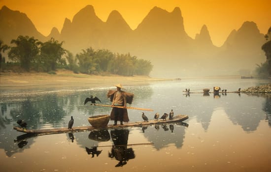the landscape at the Li River near Yangshou near the city of Guilin in the Province of Guangxi in china in east asia.