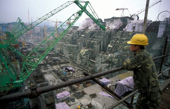 the constructions work at the three gorges dam project on the yangzi river in the province of hubei in china.