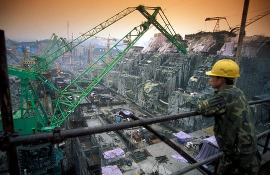the constructions work at the three gorges dam project on the yangzi river in the province of hubei in china.