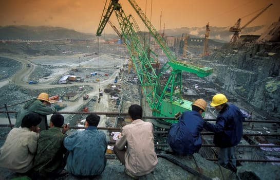 the constructions work at the three gorges dam project on the yangzi river in the province of hubei in china.