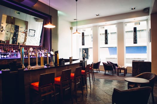 Full room shot of an empty bar.