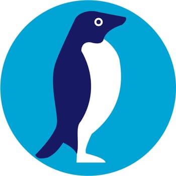 Illustration of an Adelie penguin or Pygoscelis adeliae, a species of penguin common along the entire Antarctic coast viewed from the side set inside circle done in retro style.