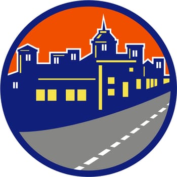 Illustration of buildings, street and cityscape set inside circle done in retro style. .