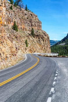 Vertical view of a road passing through a canyon near Mammoth Hot Springs in Yellowstone National Park