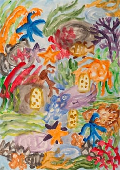Underwater world abstract acrylic painting.