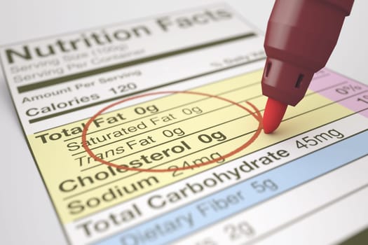 Nutrition facts with zero values of fat, marked with a red pen.