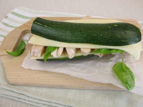 Low carb vegetable sandwich without bread with zucchini,cheese and chicken