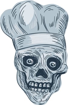 Drawing sketch style illustration of a skull chef cook wearing chef hat viewed from front set on isolated white background.