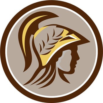 Illustration of Minerva or Menrva, the Roman goddess of wisdom and sponsor of arts, trade, and strategy head wearing helmet with laurel crown viewed from side set inside circle done in retro style.