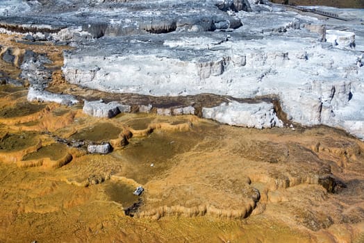 View of travertine terraces at Mammoth Hot Springs in Yellowstone National Park