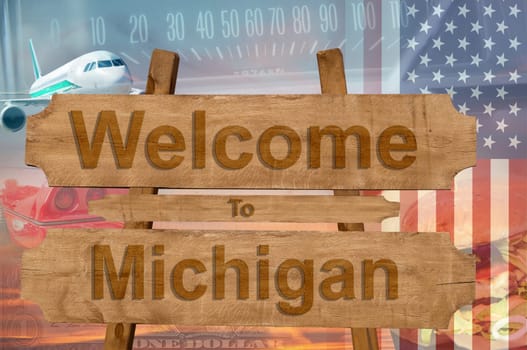 welcome to the state of michigan in the united states sign on wood,travell theme