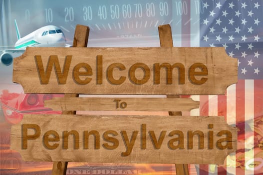 welcome to pennsylvania state in the united states sign on wood,travell theme