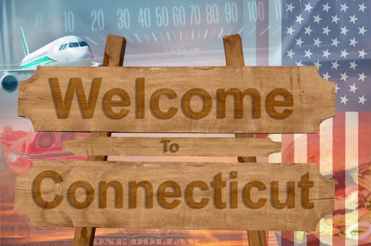 welcome to connecticut in the usa sign on wood,travell theme