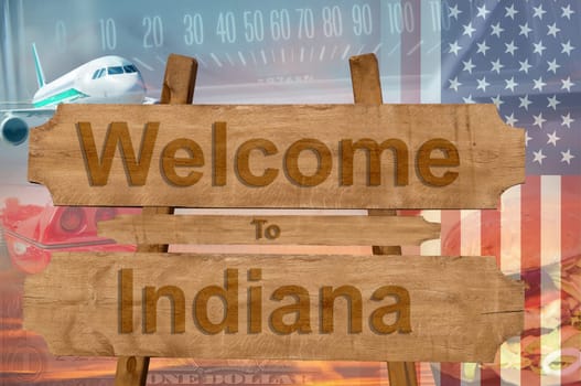 welcome to indiana state in the united states sign on wood,travell theme