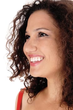 A beautiful young woman in a closeup portrait with curly brunette hair, .isolated for white background..