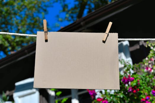 Sheet of paper on clothesline in front of colorful flowers