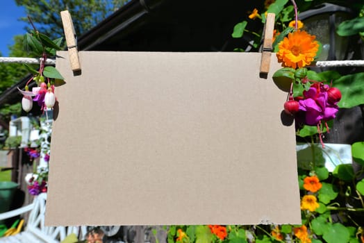 Sheet of paper on clothesline in front of colorful flowers