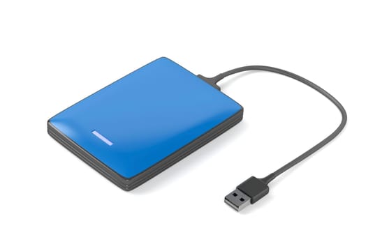 Blue portable hard drive on white background