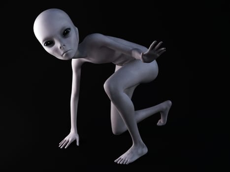 Portrait of an alien crouching and holding its hand out in front of it, 3D rendering. Black background.