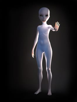 Portrait of an alien standing and holding its arm out like its greeting you, 3D rendering. Black background.