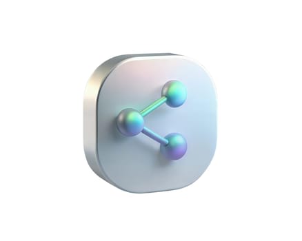 A futuristic 3D icon representing the concept of sharing, with glowing spheres and connecting lines, isolated on white background. Perfect for social media, technology, and digital communication themes.