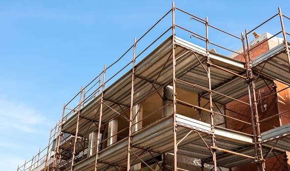 Construction scaffolding of a building under renovation.