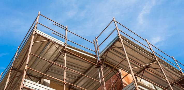 Construction scaffolding of a building under renovation.