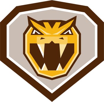 Illustration of head of an angry horned viper, North African desert viper or cerastes viper baring its fangs viewed from the front set inside shield crest done in retro style.