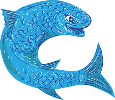 Drawing sketch style illustration of  a mullet or grey mullet from a family Mugilidae in the order of ray-finned fish, jumping viewed from the side set on isolated white background.