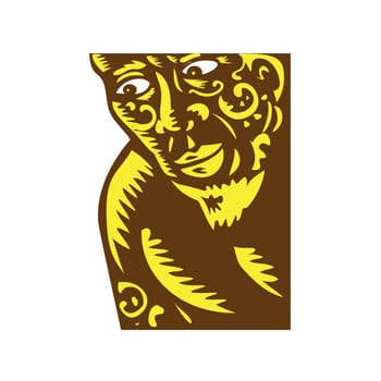 Illustration of Samoan legend god Tagaloa peeking looking done in retro woodcut style.