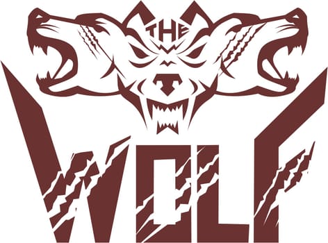 Illustration of a pack of wolf heads viewed from front set on isolated white background with the text word The Wolf done in retro style.