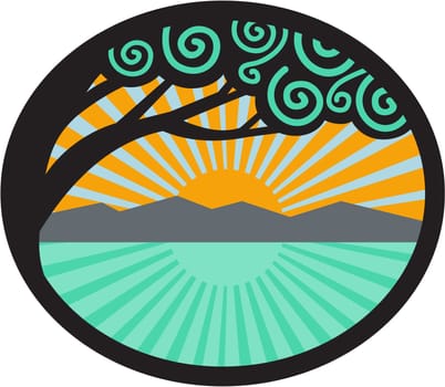 Illustration of a monkeypod tree with mountain, sea and sunrise in the background set inside oval shape done in retro style.